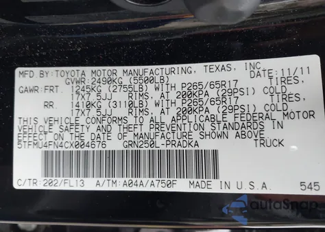 2012 Toyota Tacoma Base V6 from USA, damaged, VIN 5TFMU4FN4CX004676